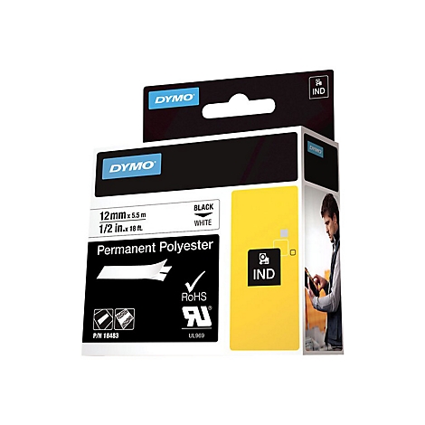 Dymo Etikettenband, schwarz auf weiß, 12 mm x 5,5 m, Permanent Polyester, Industriequalität in der Verpackung.
