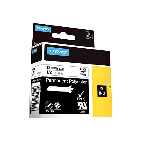 Dymo Etikettenkassette, 12mm x 5,5m, schwarzer Druck auf weißem, permanentem Polyesterband.