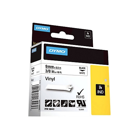 Dymo Vinyl-Etikettenkassette, 9mm x 5,5m, schwarz auf weiß, in Originalverpackung.