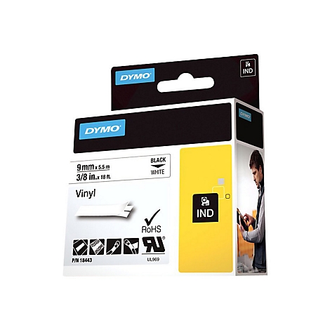 Dymo Industriebandkassette, 9mm Vinyl, schwarz auf weiß, P/N 18443, in Verpackung.
