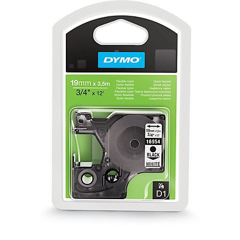 Label tape in packaging, with size details. Black tape, white font. DYMO print.