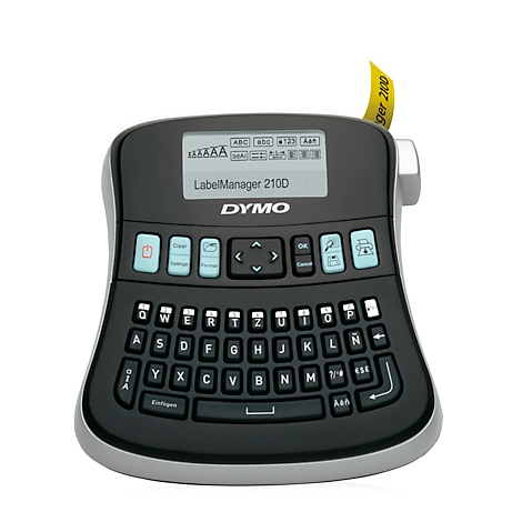 Black DYMO LabelManager 210D label maker. Features a display, keyboard, and yellow label.