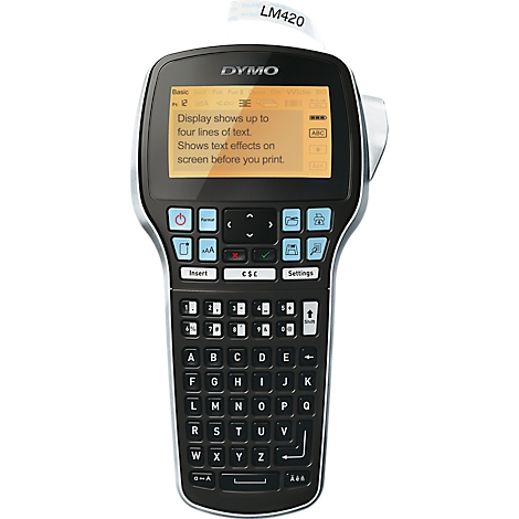Top view of a black DYMO label maker with keyboard, display, and label tape.