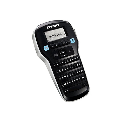 Étiqueteuse DYMO 160 noire avec écran et clavier. L'écran affiche "DYMO 160". Boutons : Marche/Arrêt, Menu, OK.