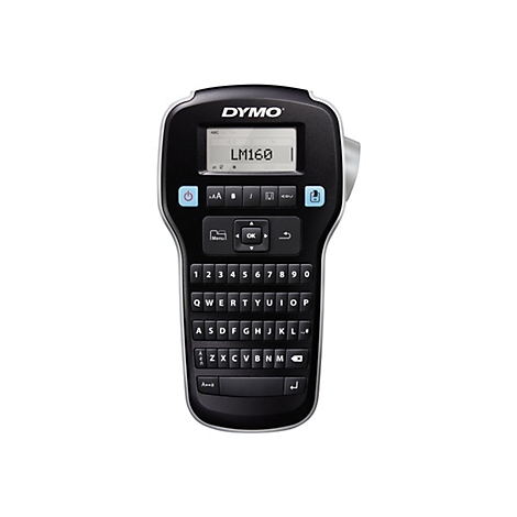 Une étiqueteuse DYMO LM160 noire avec un écran, un clavier et des boutons de commande. L'écran affiche 'LM160'. Sur fond blanc.