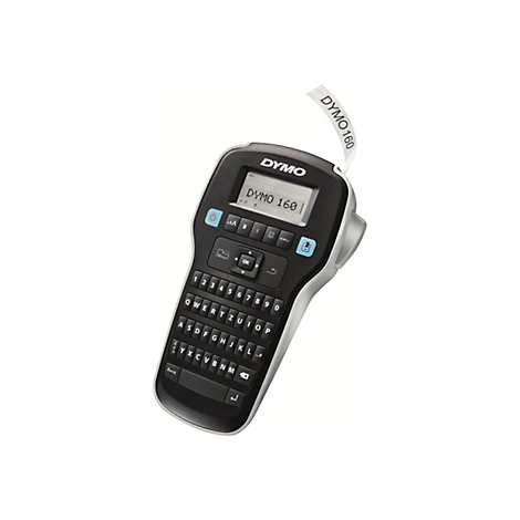 Vue de dessus d'une étiqueteuse noire DYMO 160 avec une étiquette blanche sortant de l'appareil. L'imprimante dispose d'un clavier et d'un écran.