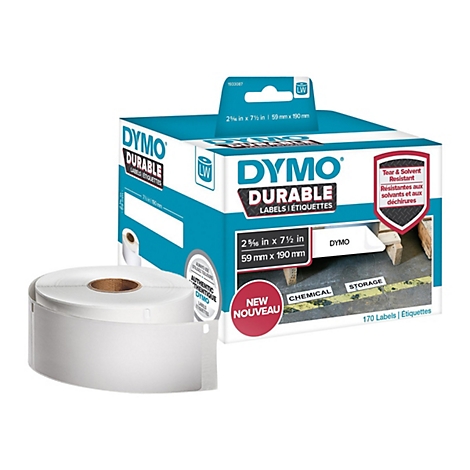 Dymo Durable Etikettenrolle in einer türkisfarbenen Verpackung mit Anwendungsbeispiel.