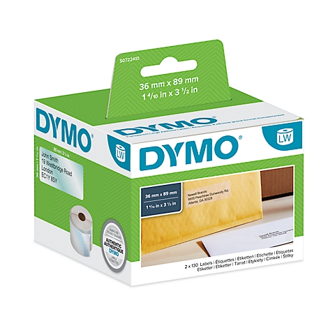 Dymo labels in a box, with size specifications and an example of a labeled envelope.