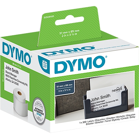Dymo label box with company logo and prints. A name badge holder and label rolls are visible in the picture.
