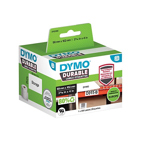 Verpackung mit Dymo Durable Etiketten, 59x102mm, für industrielle Lagerbeschriftung.