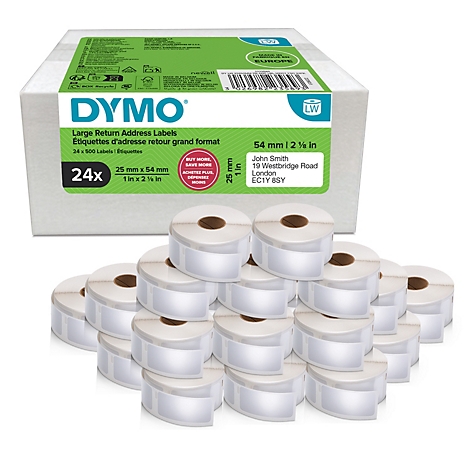 Grosser Karton mit DYMO-Etiketten. Darunter viele Rollen mit Adressetiketten.