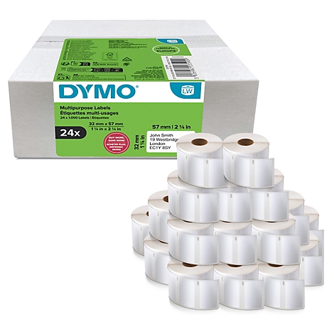 Eine Packung DYMO-Etiketten und eine Vielzahl von Rollen mit weissen Etiketten.