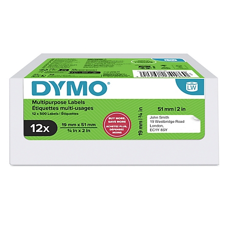 DYMO Etikettenbox. Grüne und weisse Verpackung mit Produktinformationen.