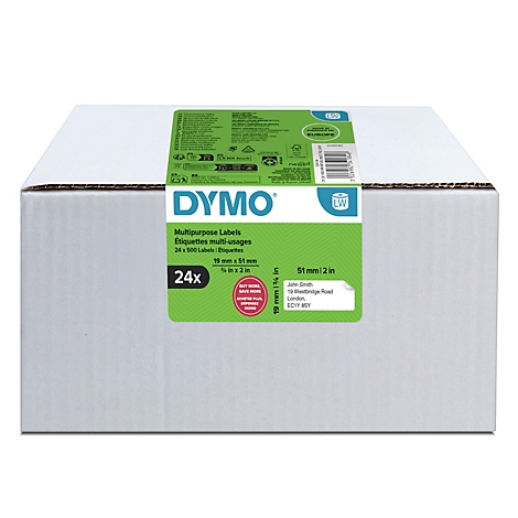 Ein weisser Karton mit einem grünen Etikett, das 'DYMO'-Etiketten zeigt, Grössenangaben und 24x Packungsinhalt.