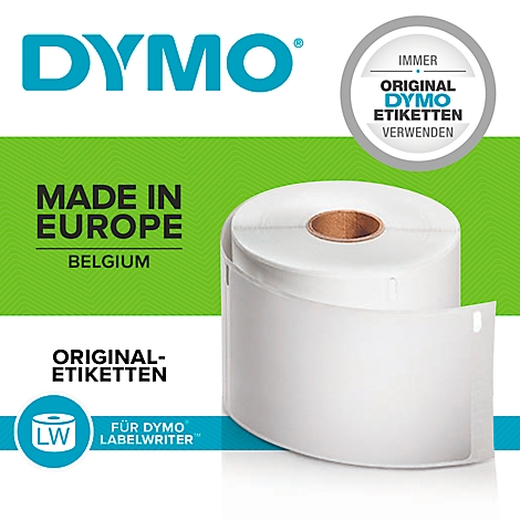 Roll of white DYMO labels. In the background green, logos and lettering such as "Made in Europe" and "Original labels."