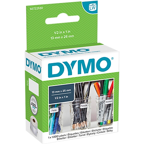 A DYMO label box with examples of labeling. In the background pens and pencils in jars.