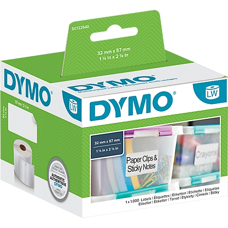 A green DYMO label maker box shows a roll label, dimensions, and examples of use.