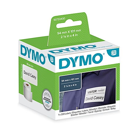 Dymo label maker with label, shows application on a shirt. The packaging displays information and text.