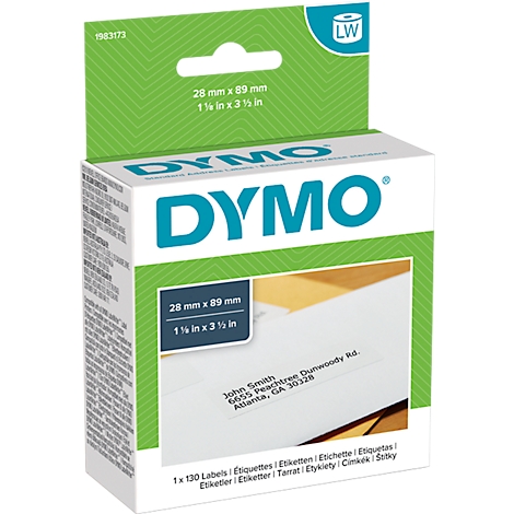 DYMO label box with size details and print. The box says DYMO and below an example address print.