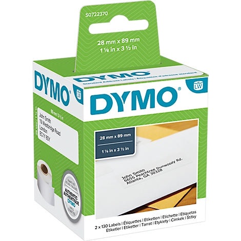 Dymo label box with green and white accents. Size specifications and an example of a labeled label are shown on the box.