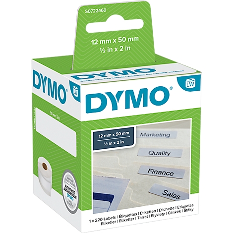 A package of Dymo labels, white and green. Printed: Marketing, Quality, Finance, Sales. Size indication.