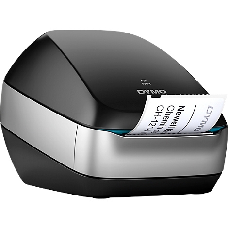 Black Dymo label printer with a label that has an address on it.