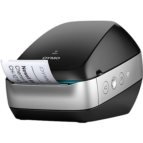 Black DYMO label printer. A label is being output from the printer. Address details are printed on the label.
