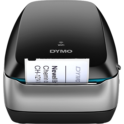 Dymo label printer. The device is black and silver and prints a label with text.
