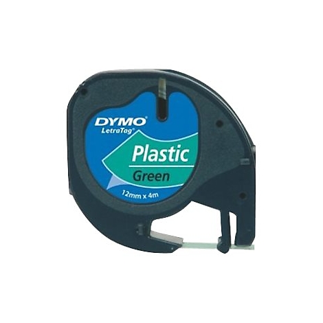 Schwarze Dymo LetraTag-Kassette mit grünem Kunststoffband, 12mm Breite, auf weißem Hintergrund.