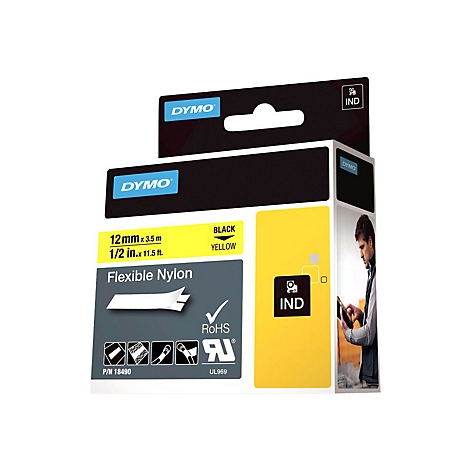 DYMO Industrie-Etikettenkassette, flexibles Nylon, 12 mm breit, schwarze Schrift auf gelbem Band.