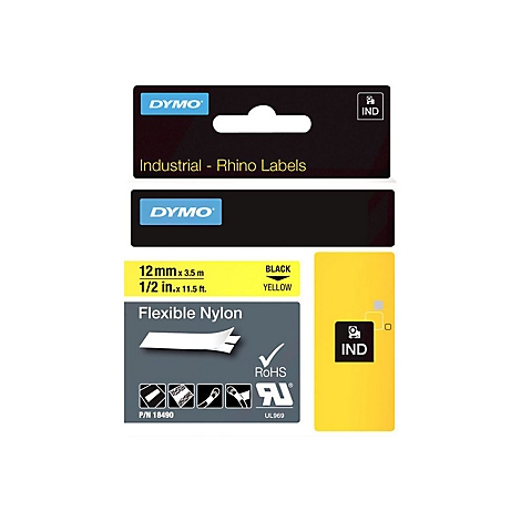 Verpackung für Dymo Industrial Rhino Etiketten, 12mm breit, gelbes Band mit schwarzer Schrift.