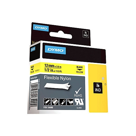 Dymo Industriebandkassette, 12 mm breit, schwarzer Text auf gelbem Nylonband, in Originalverpackung.