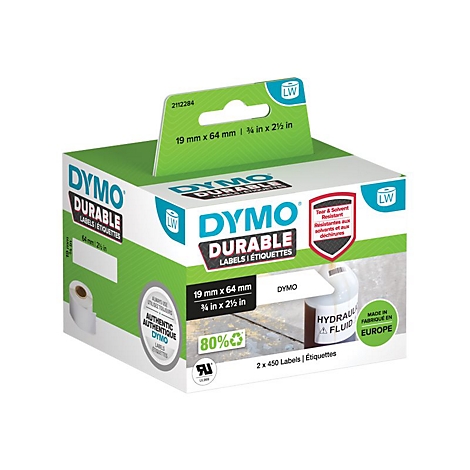 Verpackung von Dymo Durable Etiketten in Grün und Weiß mit Produktinformationen.