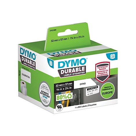Verpackung mit Dymo Durable Etiketten, 32 mm x 57 mm, Inhalt 800 Stück.