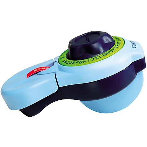 Étiqueteuse bleue et violette avec molette et affichage des lettres. Levier rouge avec lettrage 'DYMO'.