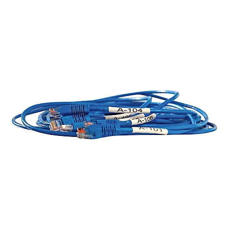Aufgerolltes blaues Netzwerkkabel mit RJ45-Steckern und beschrifteten Etiketten, vor weißem Hintergrund.
