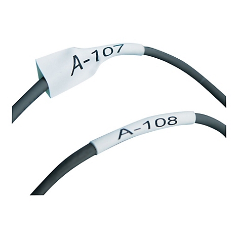 Zwei schwarze Kabel mit weißen Beschriftungshülsen, bedruckt mit A-107 und A-108.