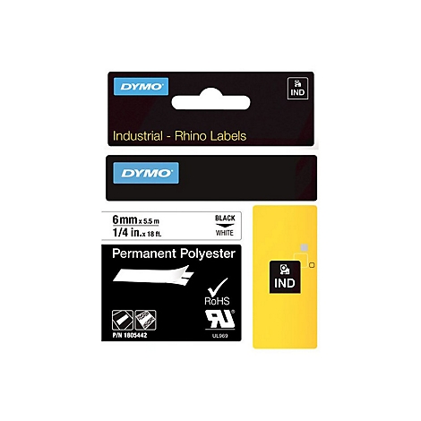 Verpackung von Dymo Rhino Industrial Permanent Polyester Etiketten, 6mm Breite, schwarz auf weiß.
