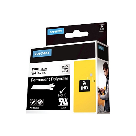 DYMO Industrieband, 19mm, transparent auf schwarzem Polyester, in gelber Verkaufsverpackung.
