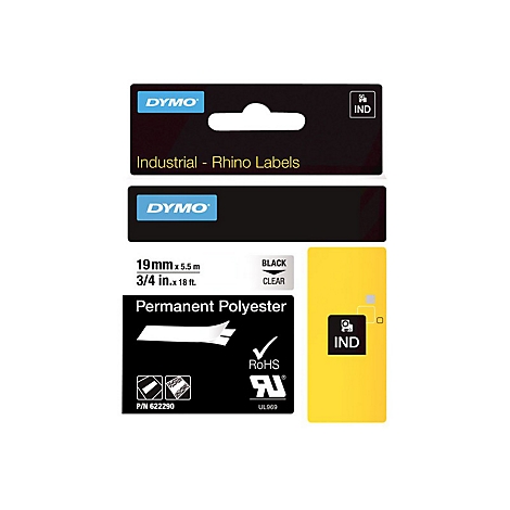 Dymo Industrie Etikettenband, schwarz auf transparent, 19 mm Breite, aus permanentem Polyester.