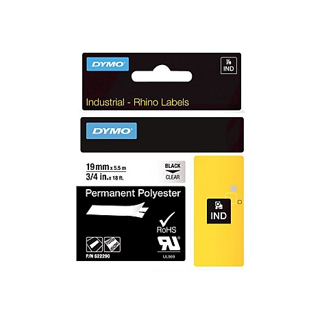 DYMO Industrial Rhino Etikettenband, 19mm breit, schwarz auf transparent, aus permanentem Polyester.