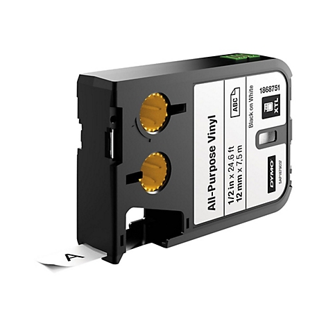 Schwarze Dymo XTL Etikettenkassette mit weißem Vinylband und dem Aufdruck All-Purpose Vinyl.
