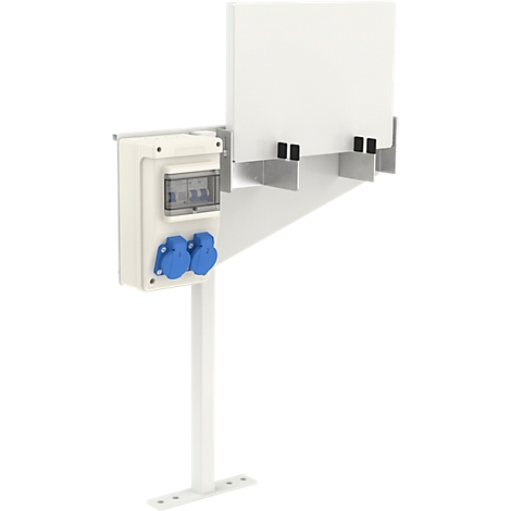 White wall-mounted distributor with blue sockets and fuse box. It is attached to a white post mounted on a base plate.