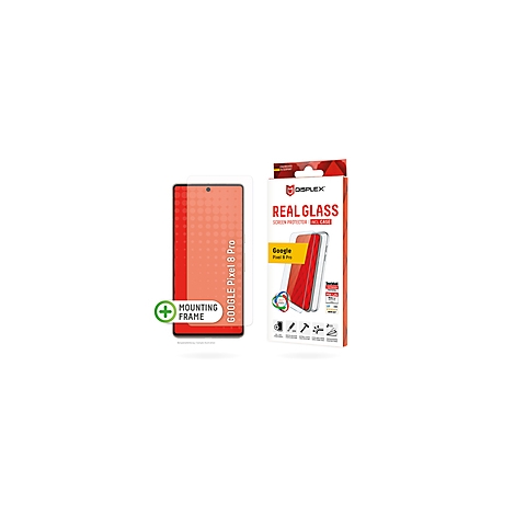 Ein durchsichtiger Displayschutz und die Verpackung, beide mit 'Google Pixel 8 Pro' beschriftet.