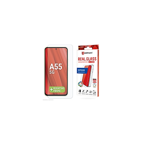 Ein Smartphone mit Displayschutz und Verpackung. Auf der Verpackung steht 'REAL GLASS' und 'Samsung Galaxy A55 5G'.
