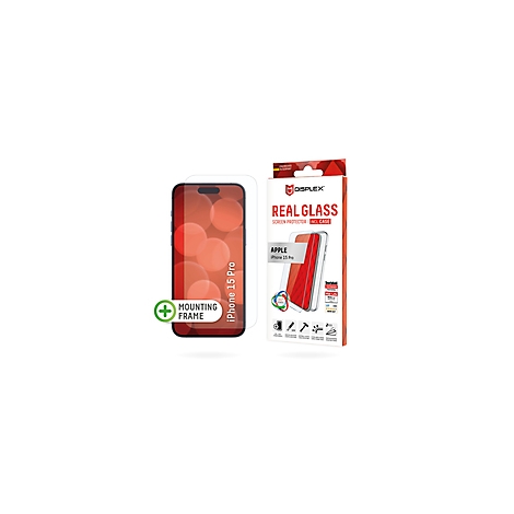 Ein iPhone 15 Pro mit aufgeklebter Displayschutzfolie, daneben die Produktverpackung mit Produktinformationen.