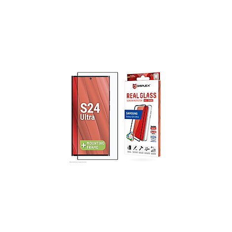 Schutzfolie für Samsung S24 Ultra, links mit Rahmen, rechts Verpackung.
