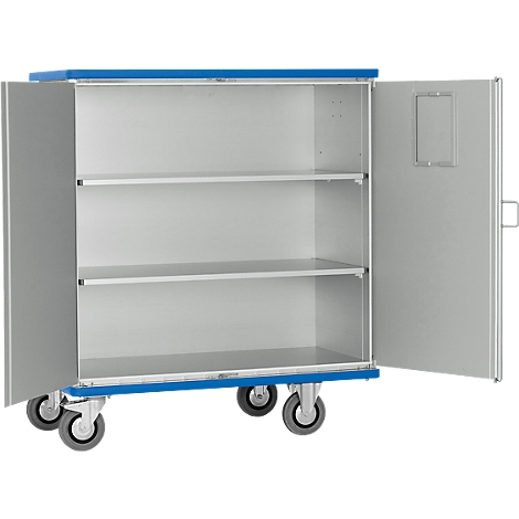 A mobile cabinet with two doors, three shelves, and wheels. The doors are open.