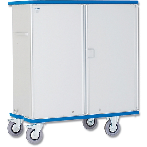 Medical cart with two doors on wheels. The surface is white with blue accents and a silver frame.