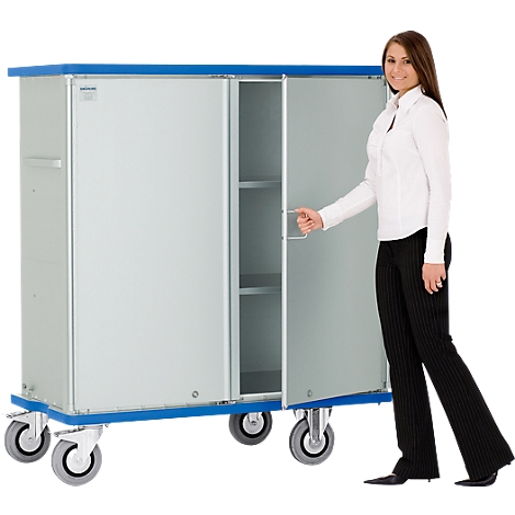Woman opening a cabinet cart on wheels. Cabinet silver with blue details, woman smiling.